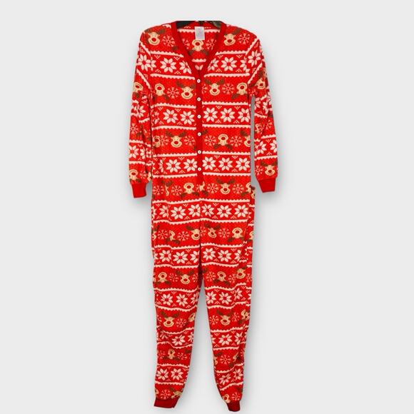 Novelty Christmas Pajamas Merry Christmoose Red Plush One Piece Drop Seat Size S - Picture 2 of 7